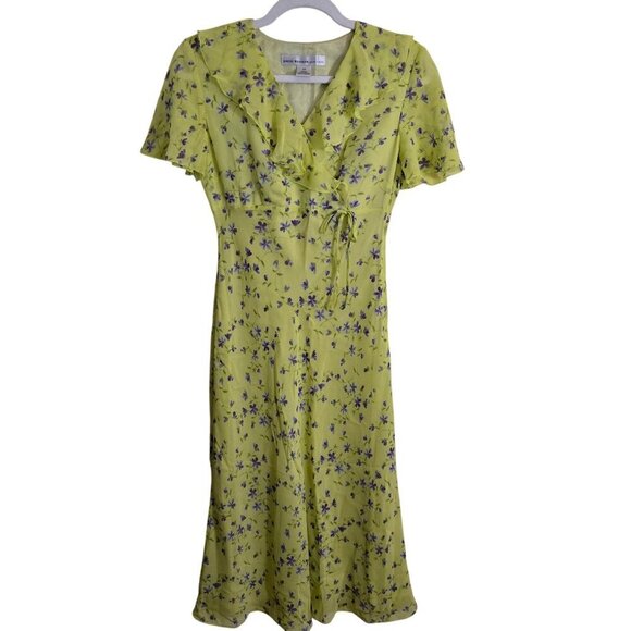 David Warren Y2K Chartreuse Purple Floral Silk Maxi Dress Size 4p - Picture 1 of 4